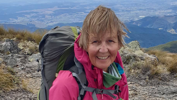 Marian Campbell on top of mountain during Te Araroa trail