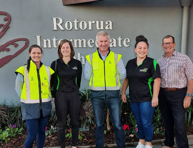 Rotorua & Claymark staff standing outside Rotorua Intermediate