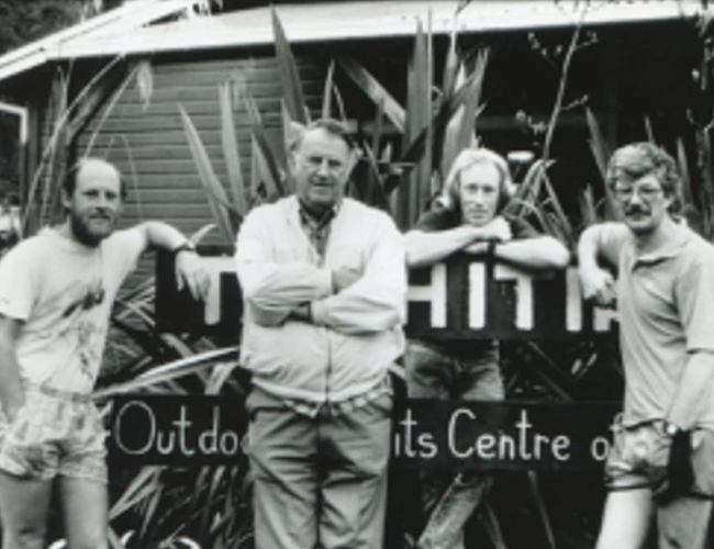 Grant Davidson, Sir Edmund Hillary, Sir Graeme Dingle and Mick Hopkinson at the original Outdoor Pursuits Centre in Tongariro National Park.